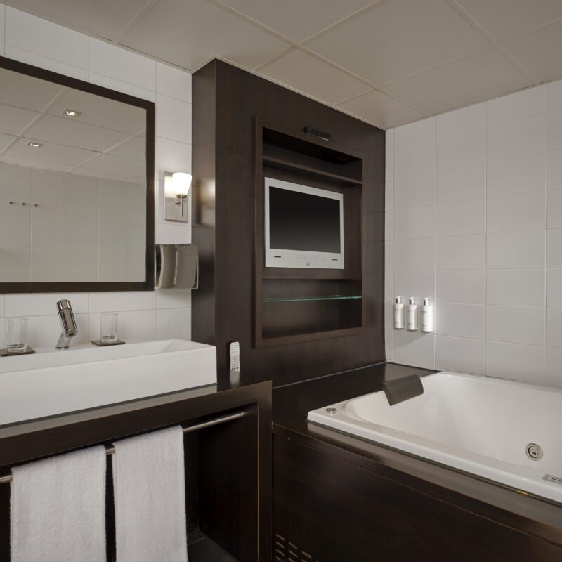 Park Plaza Eindhoven deluxe suite bathroom with jaccuzzi bath, TV, and amenities