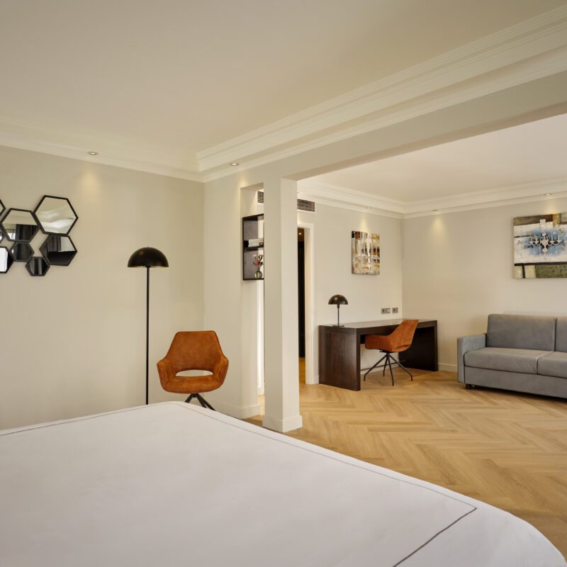 Park Plaza Eindhoven deluxe suite  with living area couch, desk, and TV