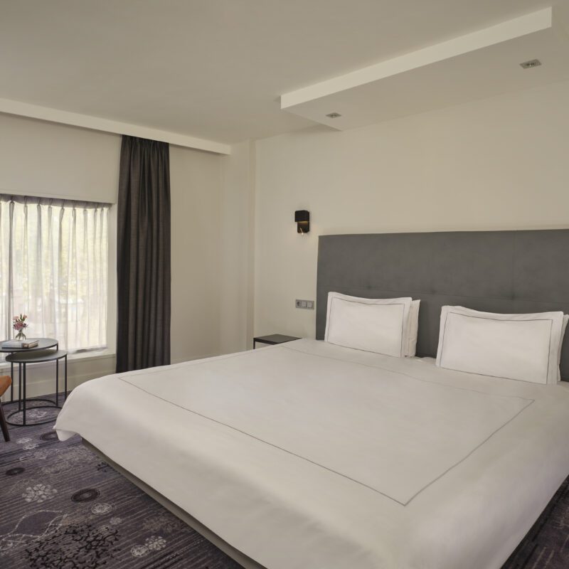 Park Plaza Eindhoven executive king room bed, window view, and lounge chair